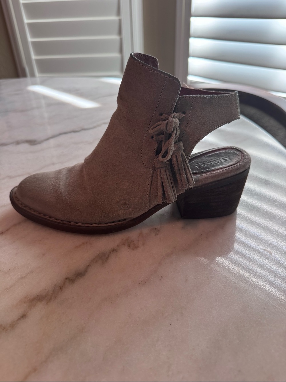 Born Taupe Suede Tassel Cutout Ankle Bootie